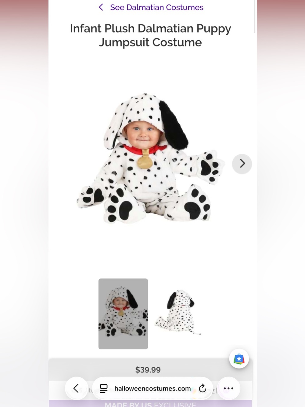 Infant Plush Dalmatian Puppy Jumpsuit Costume